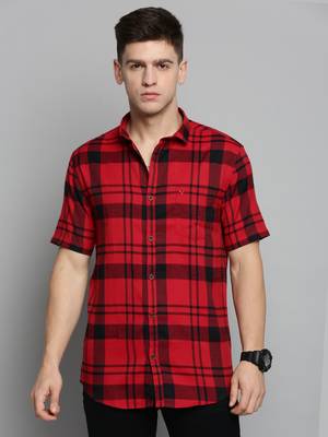 men's short sleeves tartan checks red shirt 2