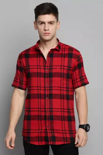 men's short sleeves tartan checks red shirt