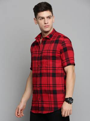 men's short sleeves tartan checks red shirt 3