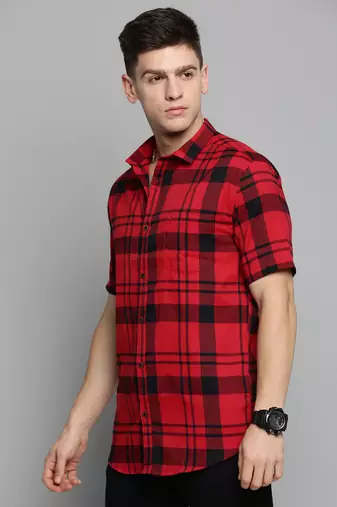 men's short sleeves tartan checks red shirt