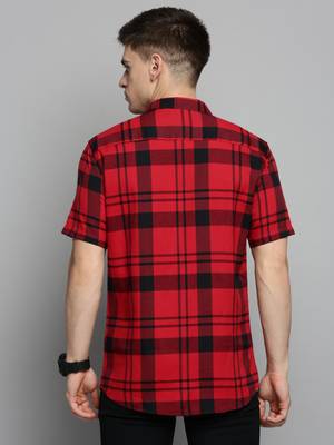 men's short sleeves tartan checks red shirt 4