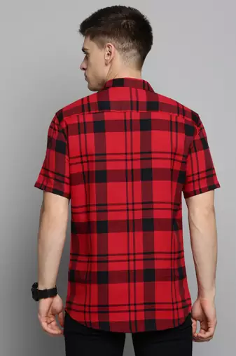 men's short sleeves tartan checks red shirt