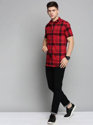 men's short sleeves tartan checks red shirt 5