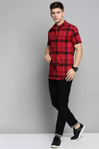 men's short sleeves tartan checks red shirt