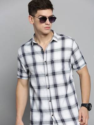 men's short sleeves tartan checks white shirt 1