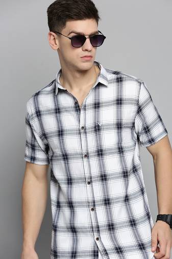 men's short sleeves tartan checks white shirt