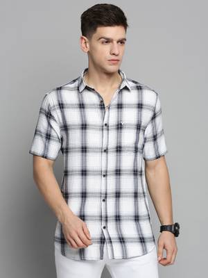 men's short sleeves tartan checks white shirt 2