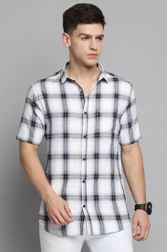 men's short sleeves tartan checks white shirt