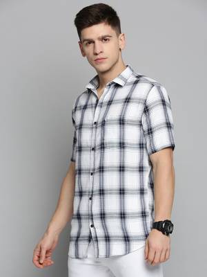 men's short sleeves tartan checks white shirt 3