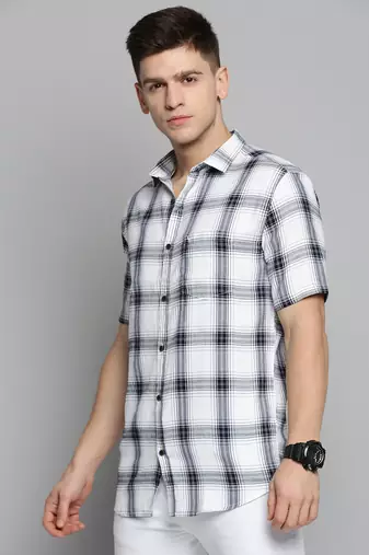 men's short sleeves tartan checks white shirt
