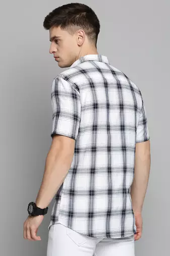 men's short sleeves tartan checks white shirt