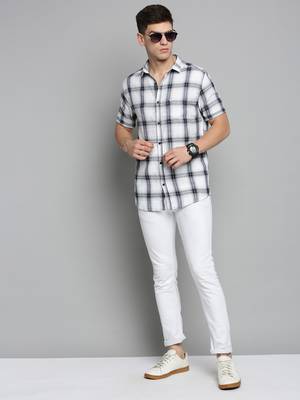 men's short sleeves tartan checks white shirt 5
