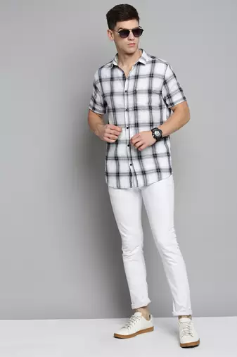 men's short sleeves tartan checks white shirt