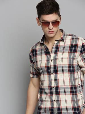 men's short sleeves tartan checks cream shirt 1