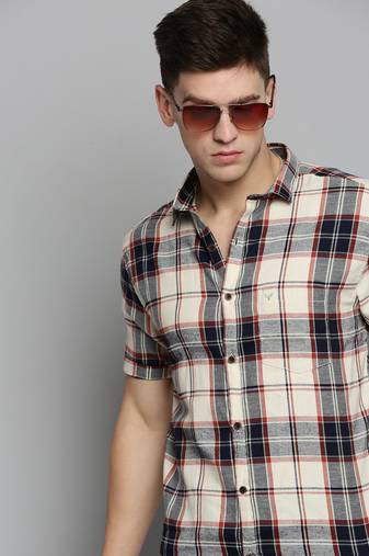 men's short sleeves tartan checks cream shirt