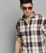 men's short sleeves tartan checks cream shirt
