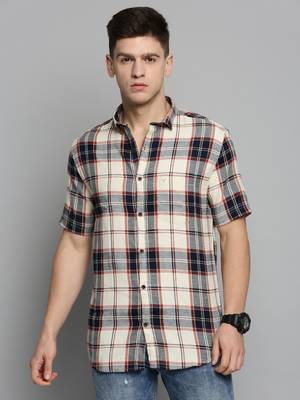men's short sleeves tartan checks cream shirt 2