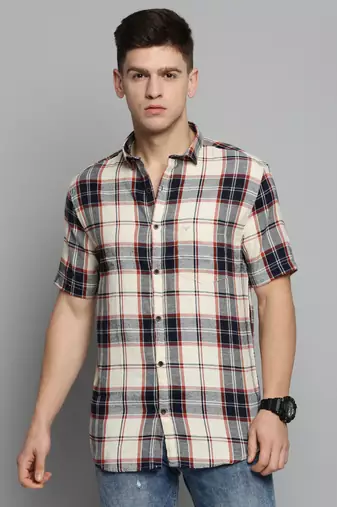 men's short sleeves tartan checks cream shirt