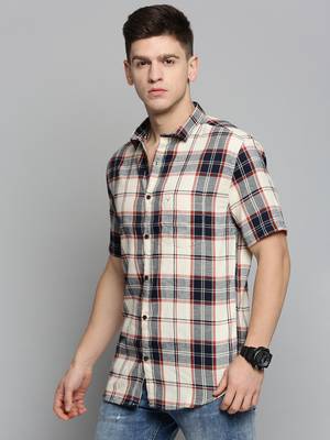 men's short sleeves tartan checks cream shirt 3