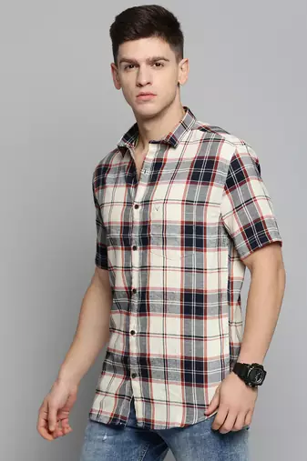 men's short sleeves tartan checks cream shirt