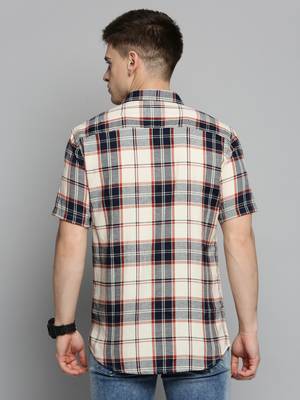 men's short sleeves tartan checks cream shirt 4