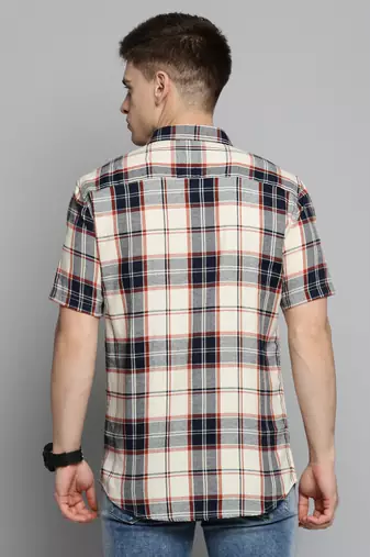 men's short sleeves tartan checks cream shirt