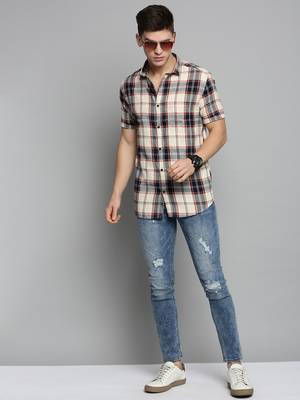 men's short sleeves tartan checks cream shirt 5
