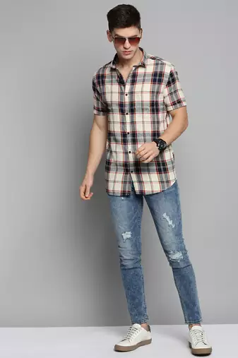 men's short sleeves tartan checks cream shirt