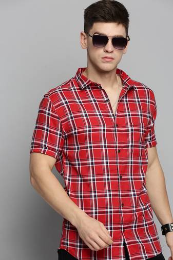 Showoff men's short sleeves tartan checks orange shirt