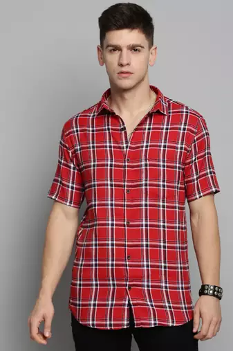 Showoff men's short sleeves tartan checks orange shirt