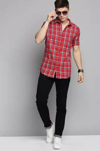 Showoff men's short sleeves tartan checks orange shirt