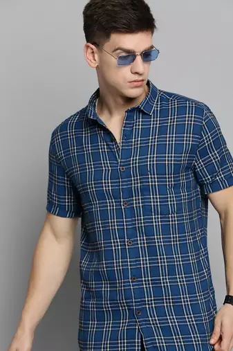 Showoff men's short sleeves tartan checks blue shirt