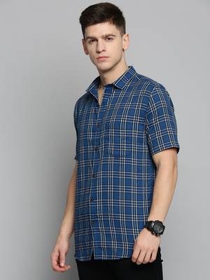 Showoff men's short sleeves tartan checks blue shirt 3