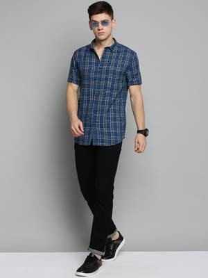Showoff men's short sleeves tartan checks blue shirt 5