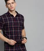 Showoff men's short sleeves tartan checks navy blue shirt