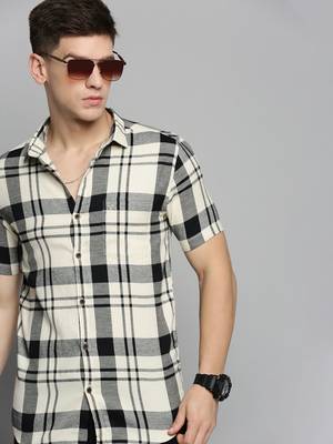 men's short sleeves tartan checks cream shirt 1