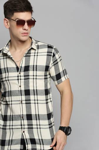 men's short sleeves tartan checks cream shirt