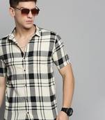 men's short sleeves tartan checks cream shirt