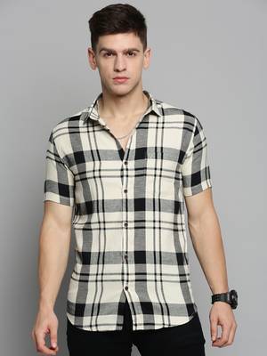 men's short sleeves tartan checks cream shirt 2