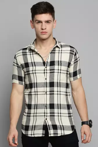 men's short sleeves tartan checks cream shirt