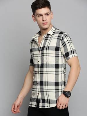 men's short sleeves tartan checks cream shirt 3