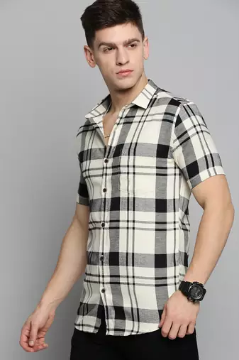 men's short sleeves tartan checks cream shirt