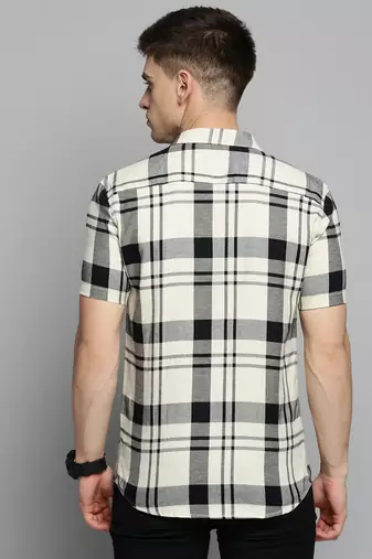 men's short sleeves tartan checks cream shirt