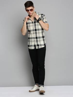 men's short sleeves tartan checks cream shirt 5