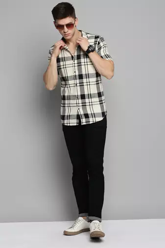 men's short sleeves tartan checks cream shirt