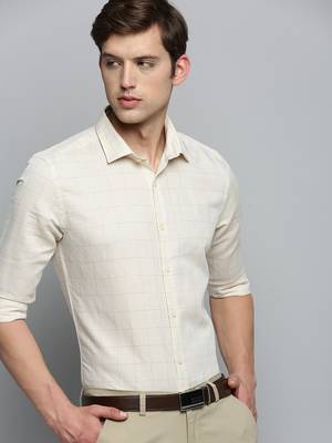 men's long sleeves tartan checks beige shirt 1
