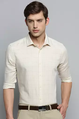 men's long sleeves tartan checks beige shirt