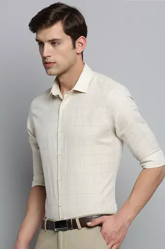 men's long sleeves tartan checks beige shirt