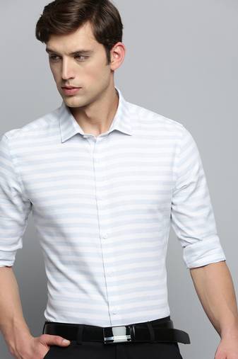men's long sleeves horizontal stripes off white shirt