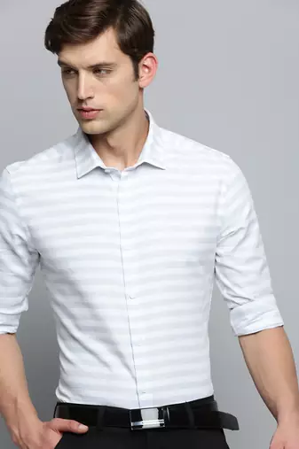 men's long sleeves horizontal stripes off white shirt